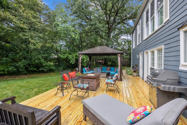 3 Old Valley Rd, Rolling Meadows, IL 60008 - wooden deck with a gazebo, an outdoor living space with a fire pit, a grill, and a lawn