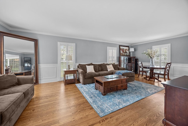 3 Old Valley Rd, Rolling Meadows, IL 60008 - living room with plenty of natural light, crown molding, wainscoting, and light wood-style floors