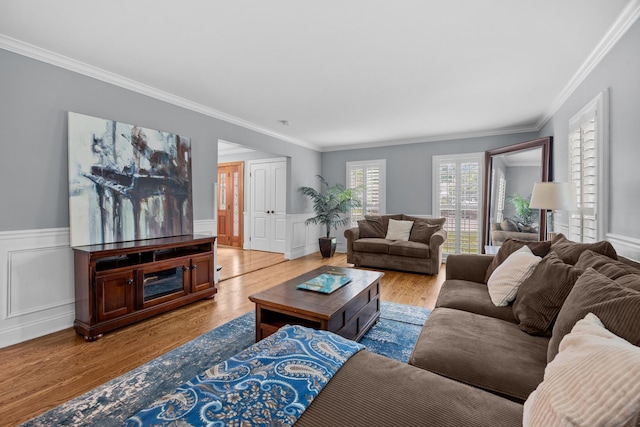 3 Old Valley Rd, Rolling Meadows, IL 60008 - living room featuring crown molding, wood finished floors, a wainscoted wall, and a decorative wall