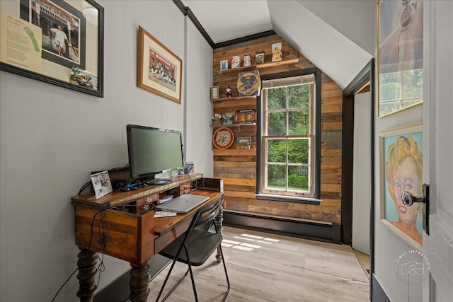 32W167 Army Trail Rd, Wayne, IL 60184 - office area featuring a baseboard radiator, light wood-type flooring, lofted ceiling, and wood walls