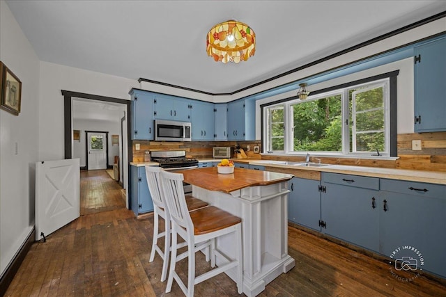 32W167 Army Trail Rd, Wayne, IL 60184 - kitchen with stainless steel appliances, blue cabinets, and dark wood finished floors