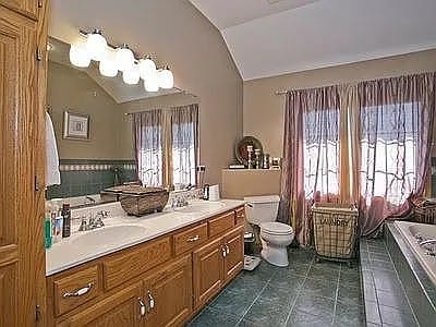 9417 W Steger Rd, Frankfort, IL 60423 - bathroom with vaulted ceiling, a bath, double vanity, and tile patterned floors