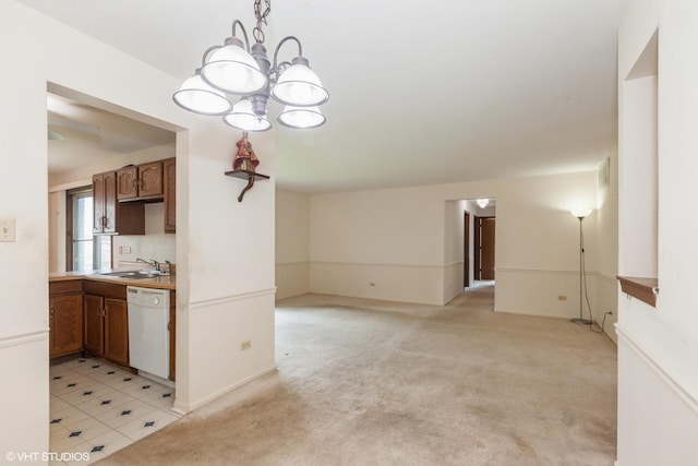 330 Memory Ln Unit 2, Westmont, IL 60559 - kitchen with dishwasher, a chandelier, brown cabinetry, and light carpet