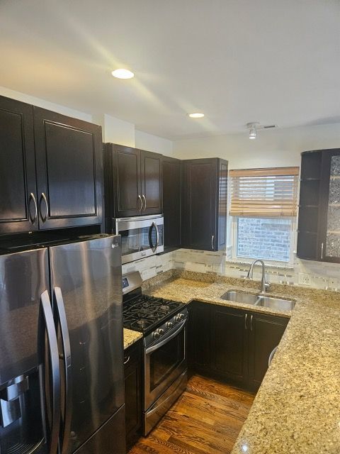 2447 W Walton St Unit 2, Chicago, IL 60622 - kitchen featuring appliances with stainless steel finishes, dark wood-style floors, glass insert cabinets, light stone countertops, and recessed lighting