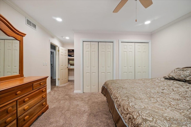 24106 W Pheasant Chase Dr, Plainfield, IL 60544 - carpeted bedroom featuring crown molding, multiple closets, recessed lighting, and a ceiling fan