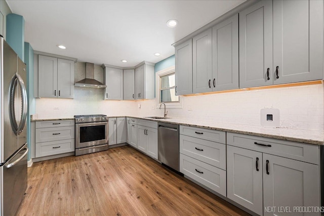 24106 W Pheasant Chase Dr, Plainfield, IL 60544 - kitchen featuring stainless steel appliances, wall chimney exhaust hood, gray cabinetry, tasteful backsplash, and recessed lighting