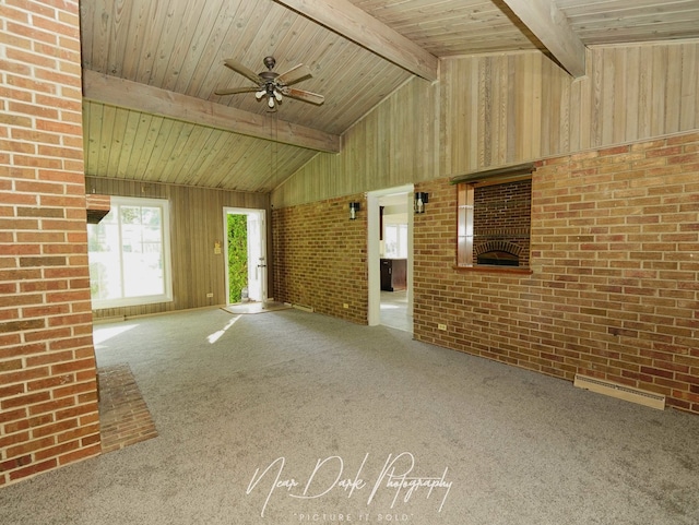 837 Wilcox Ave, Mundelein, IL 60060 - unfurnished living room featuring carpet floors, ceiling fan, brick wall, and wooden ceiling