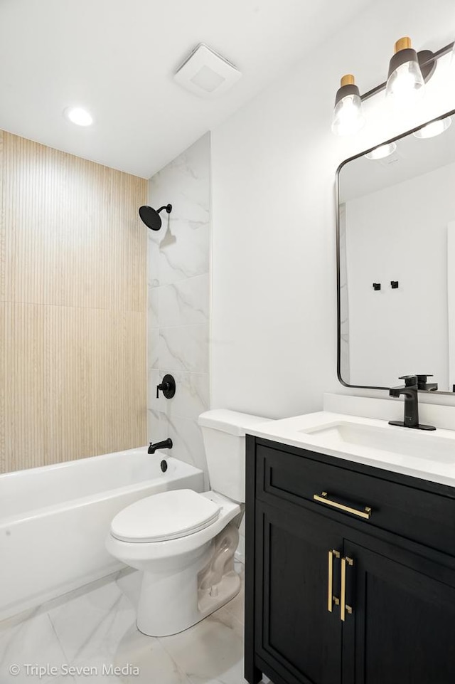 8100 Lockwood Ave, Burbank, IL 60459 - full bathroom with marble look tiles, vanity, shower / washtub combination, and recessed lighting