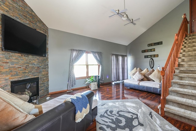 2069 Willow Brook Dr, Bourbonnais, IL 60914 - living room with ceiling fan, stairs, high vaulted ceiling, wood finished floors, and a fireplace
