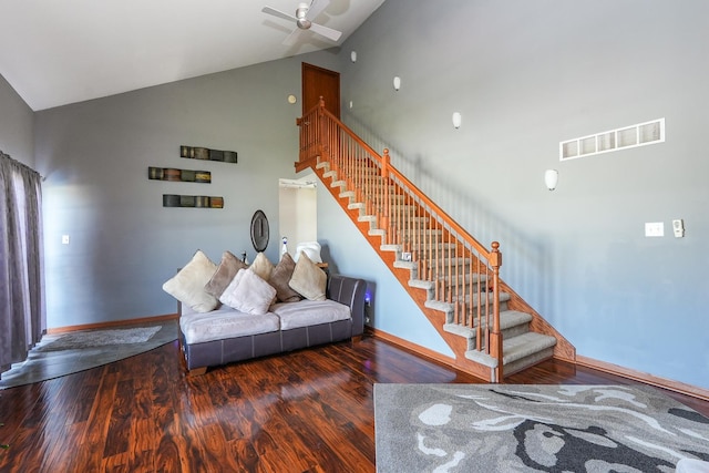 2069 Willow Brook Dr, Bourbonnais, IL 60914 - living room with stairway, ceiling fan, wood finished floors, and high vaulted ceiling