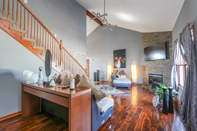 2069 Willow Brook Dr, Bourbonnais, IL 60914 - living area with stairs, wood finished floors, a ceiling fan, a fireplace, and high vaulted ceiling
