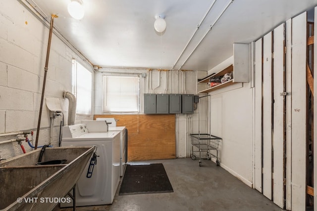 13937 S School St, Riverdale, IL 60827 - washroom featuring independent washer and dryer, concrete block wall, and electric panel