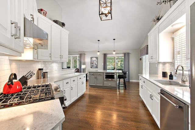 16243 Hummingbird Hill Dr, Orland Park, IL 60467 - kitchen featuring appliances with stainless steel finishes, white cabinets, backsplash, lofted ceiling, and extractor fan