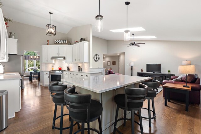 16243 Hummingbird Hill Dr, Orland Park, IL 60467 - kitchen featuring high end range, tasteful backsplash, white cabinetry, dark wood-style flooring, and high vaulted ceiling
