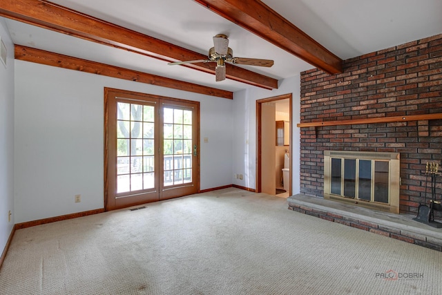 400 Seafarer Dr, Third Lake, IL 60030 - unfurnished living room featuring carpet, beamed ceiling, ceiling fan, and a brick fireplace