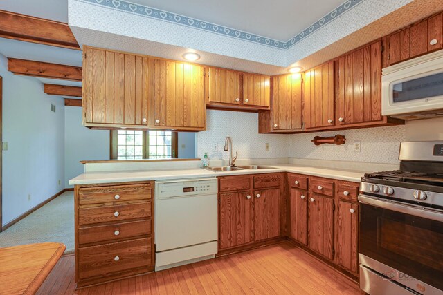 400 Seafarer Dr, Third Lake, IL 60030 - kitchen featuring white appliances, brown cabinetry, light countertops, and light wood finished floors