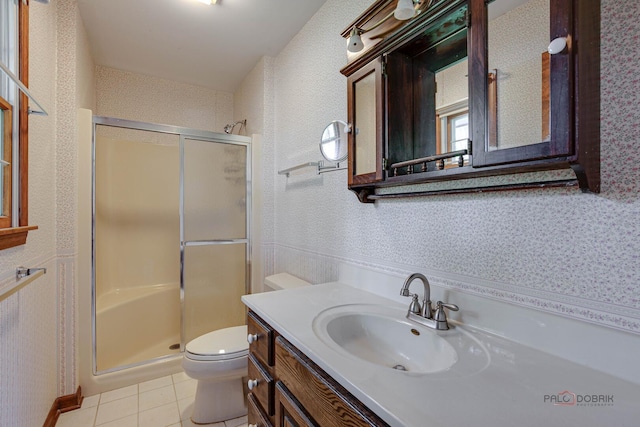 400 Seafarer Dr, Third Lake, IL 60030 - full bath with a stall shower, vanity, wallpapered walls, and tile patterned flooring