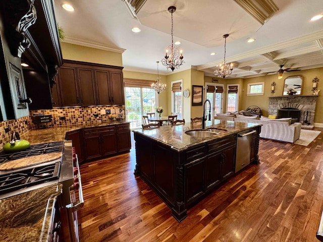1104 S Vine Ave, Park Ridge, IL 60068 - kitchen with range, dishwasher, a chandelier, dark wood-style floors, and ornamental molding