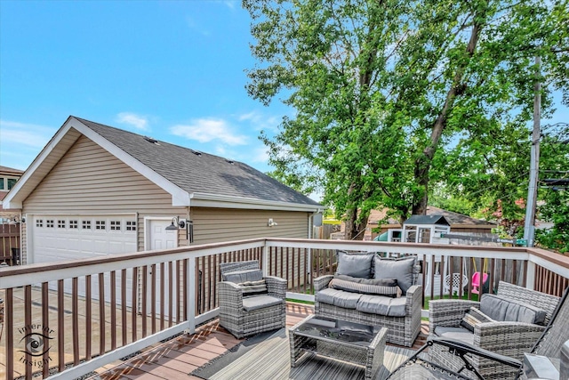 16838 S 91st Ave, Orland Hills, IL 60487 - wooden terrace with outdoor lounge area and a detached garage