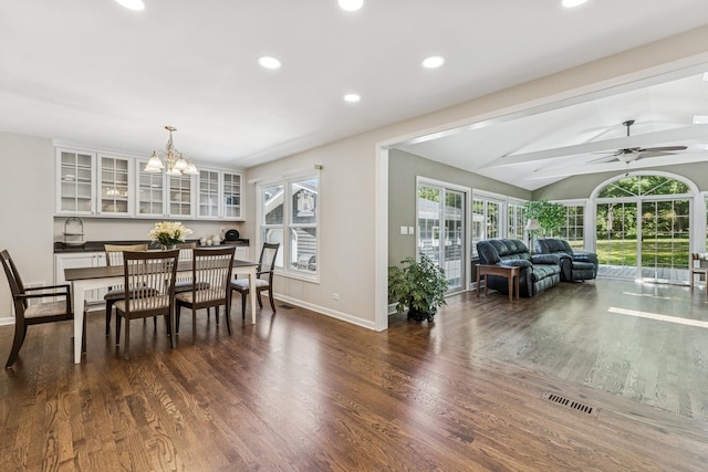 5618 Marietta Dr, Crystal Lake, IL 60014 - dining area featuring recessed lighting, wood finished floors, a chandelier, ceiling fan, and vaulted ceiling