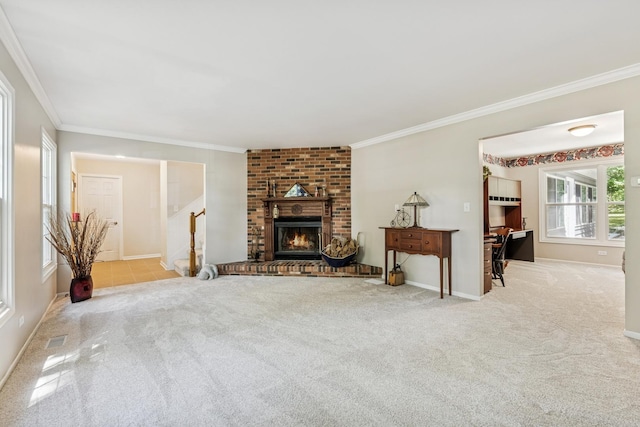5618 Marietta Dr, Crystal Lake, IL 60014 - carpeted living room with ornamental molding, a fireplace, and stairs