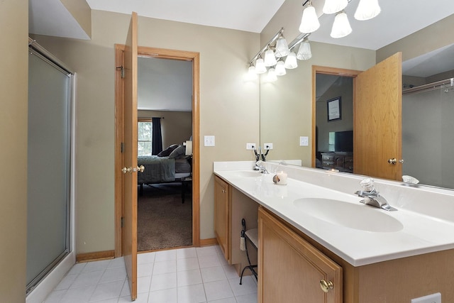 24929 Vermette Rd, Plainfield, IL 60585 - bathroom featuring connected bathroom, double vanity, a shower with door, tile patterned floors, and a chandelier