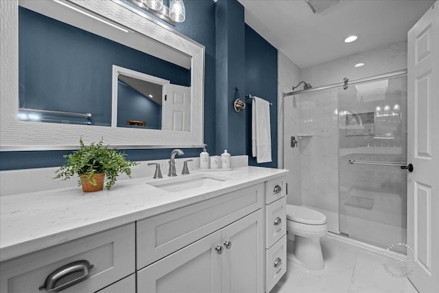1242 Hobson Oaks Dr, Naperville, IL 60540 - bathroom with marble finish floors, vanity, a shower stall, and recessed lighting