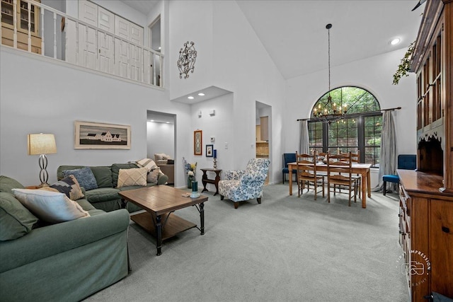 1242 Hobson Oaks Dr, Naperville, IL 60540 - living area featuring a chandelier, carpet flooring, and high vaulted ceiling