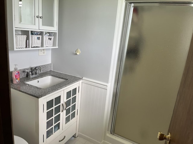18367 US-150 Hwy, Bloomington, IL 61705 - bathroom with a shower stall, a wainscoted wall, and vanity