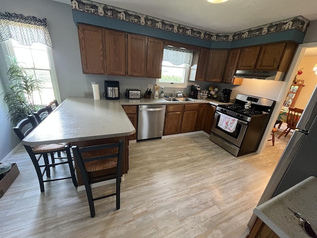 18367 US-150 Hwy, Bloomington, IL 61705 - kitchen featuring stainless steel appliances, a peninsula, under cabinet range hood, light countertops, and light wood-style flooring