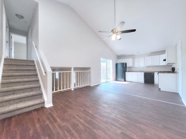 14326 Irving Ave, Dolton, IL 60419 - unfurnished living room with high vaulted ceiling, ceiling fan, dark wood finished floors, and stairway