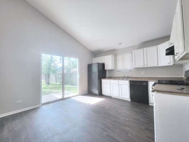 14326 Irving Ave, Dolton, IL 60419 - kitchen featuring black appliances, dark wood-style flooring, under cabinet range hood, white cabinets, and high vaulted ceiling