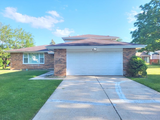 6037 Spring Ln, Matteson, IL 60443 - ranch-style house featuring brick siding, concrete driveway, a garage, and a front lawn