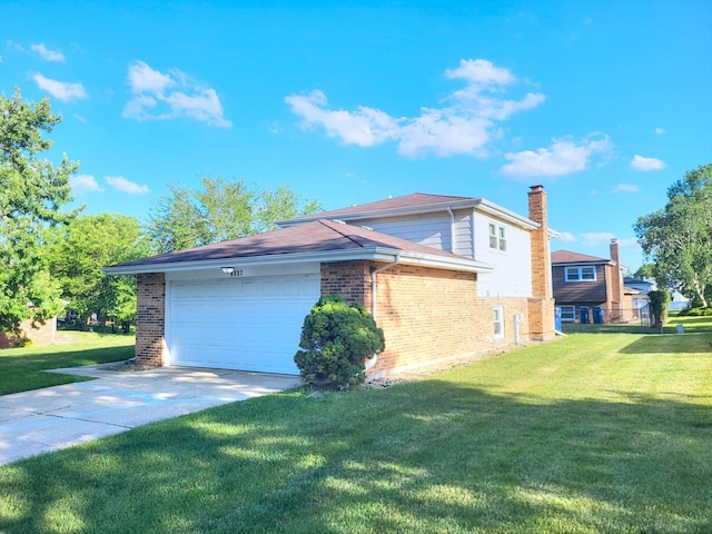 6037 Spring Ln, Matteson, IL 60443 - view of property exterior with brick siding, a lawn, an attached garage, concrete driveway, and a chimney