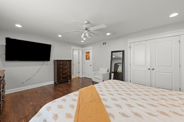 14301 S California Ave, Posen, IL 60469 - bedroom with recessed lighting, dark wood-type flooring, a closet, and ceiling fan