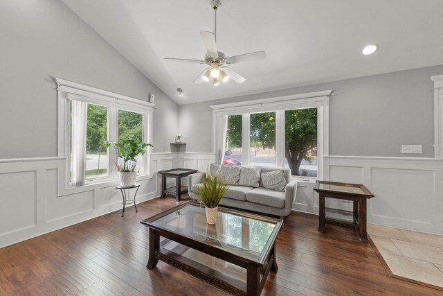 14301 S California Ave, Posen, IL 60469 - living room with a decorative wall, healthy amount of natural light, a wainscoted wall, a ceiling fan, and vaulted ceiling