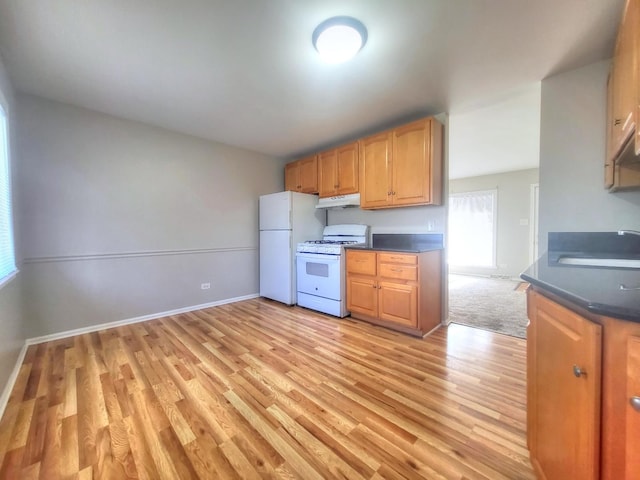 127 N Cedar Ln, Glenwood, IL 60425 - kitchen with white appliances, dark countertops, light wood-style flooring, and under cabinet range hood