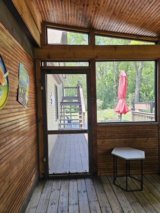 1718 Rosewood Ln, Johnsburg, IL 60051 - doorway to outside featuring wooden walls, hardwood / wood-style floors, and wooden ceiling