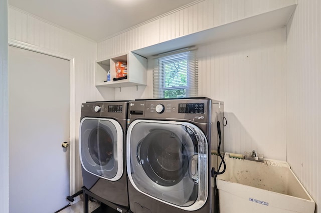 1718 Rosewood Ln, Johnsburg, IL 60051 - washroom featuring washing machine and clothes dryer and crown molding