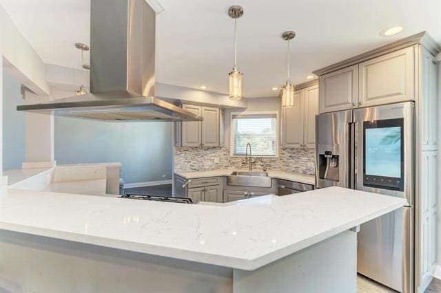 2716 Burton Dr, Westchester, IL 60154 - kitchen with exhaust hood, stainless steel refrigerator with ice dispenser, backsplash, gray cabinets, and a peninsula