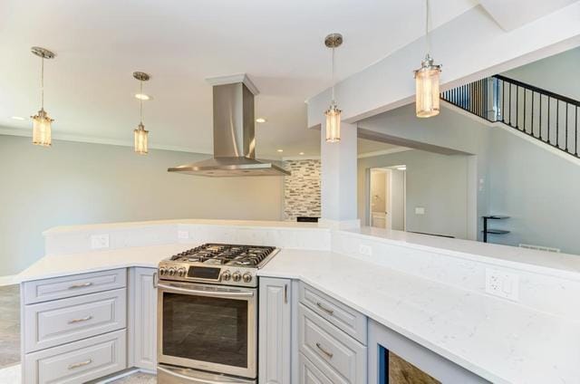 2716 Burton Dr, Westchester, IL 60154 - kitchen with wall chimney range hood, gas range, light countertops, and hanging light fixtures