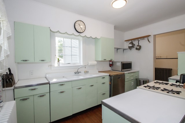 312 Home Ave, Oak Park, IL 60302 - kitchen featuring stainless steel microwave, green cabinetry, radiator, and dark wood-type flooring