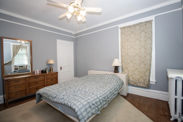 312 Home Ave, Oak Park, IL 60302 - bedroom with dark wood-type flooring, radiator, ornamental molding, cooling unit, and a ceiling fan