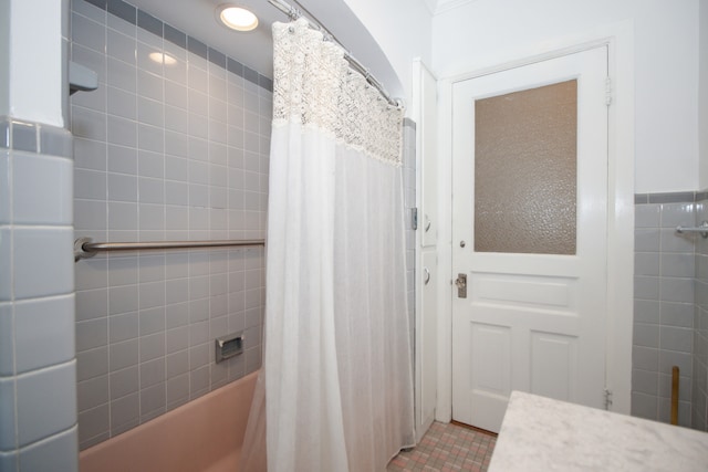 312 Home Ave, Oak Park, IL 60302 - bathroom featuring shower / bath combination with curtain, tile patterned flooring, and tile walls