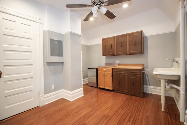 312 Home Ave, Oak Park, IL 60302 - kitchen with freestanding refrigerator, electric panel, a ceiling fan, light wood-style floors, and recessed lighting