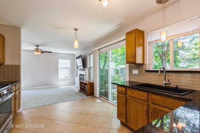1109 Blackburn Dr, Grayslake, IL 60030 - kitchen with stainless steel stove, light carpet, brown cabinets, and healthy amount of natural light