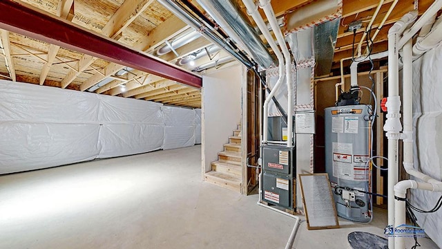 2215 Truman Trl, Mchenry, IL 60051 - unfinished below grade area featuring gas water heater, stairs, and heating unit