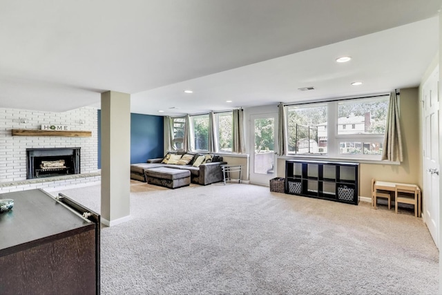 141 S Cedar St, Palatine, IL 60067 - carpeted living room featuring a brick fireplace and recessed lighting