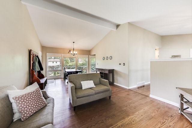 141 S Cedar St, Palatine, IL 60067 - living area with a chandelier, wood finished floors, beam ceiling, and high vaulted ceiling
