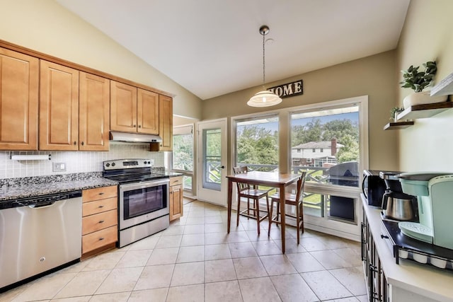 141 S Cedar St, Palatine, IL 60067 - kitchen with stainless steel appliances, under cabinet range hood, vaulted ceiling, tasteful backsplash, and pendant lighting